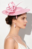 Chapéu fascinator de fitas crinolina cor-de-rosa com penas
