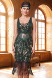 Vestido midi dos anos 1920 com decote em V verde escuro com decote em V, tule com missangas, vestido midi dos anos 1920