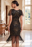 Vestido dos anos 1920, vestido verde escuro com contas com gola redonda, lantejoulas transparentes, mangas esvoaçantes