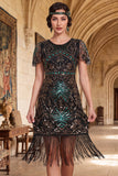 Vestido dos anos 1920, vestido verde escuro com contas com gola redonda, lantejoulas transparentes, mangas esvoaçantes