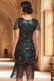 Vestido dos anos 1920, vestido verde escuro com contas com gola redonda, lantejoulas transparentes, mangas esvoaçantes