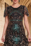 Vestido dos anos 1920, vestido verde escuro com contas com gola redonda, lantejoulas transparentes, mangas esvoaçantes