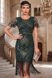 Vestido dos anos 1920, vestido verde escuro com contas com gola redonda, lantejoulas transparentes, mangas esvoaçantes