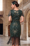 Vestido dos anos 1920, vestido verde escuro com contas com gola redonda, lantejoulas transparentes, mangas esvoaçantes