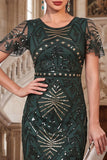 Vestido dos anos 1920, vestido verde escuro com contas com gola redonda, lantejoulas transparentes, mangas esvoaçantes