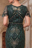 Vestido dos anos 1920, vestido verde escuro com contas com gola redonda, lantejoulas transparentes, mangas esvoaçantes