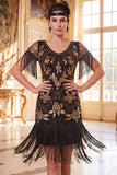 Lantejoulas pretas douradas de gola redonda Vestido dos anos 1920 com franjas