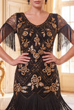 Lantejoulas pretas douradas de gola redonda Vestido dos anos 1920 com franjas