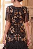 Lantejoulas pretas douradas de gola redonda Vestido dos anos 1920 com franjas