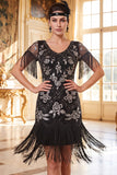 Lantejoulas pretas douradas de gola redonda Vestido dos anos 1920 com franjas