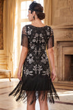 Lantejoulas pretas douradas de gola redonda Vestido dos anos 1920 com franjas