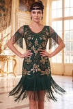Lantejoulas pretas douradas de gola redonda Vestido dos anos 1920 com franjas