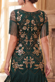 Lantejoulas pretas douradas de gola redonda Vestido dos anos 1920 com franjas