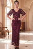 Vestido longo dos anos 1920 decote em V, decote em V, mangas curtas transparentes, lantejoulas