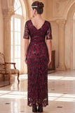 Vestido longo dos anos 1920 decote em V, decote em V, mangas curtas transparentes, lantejoulas