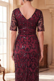 Vestido longo dos anos 1920 decote em V, decote em V, mangas curtas transparentes, lantejoulas