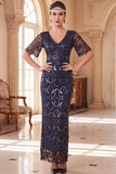 Vestido longo dos anos 1920 decote em V, decote em V, mangas curtas transparentes, lantejoulas