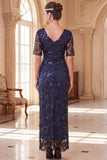 Vestido longo dos anos 1920 decote em V, decote em V, mangas curtas transparentes, lantejoulas