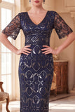 Vestido longo dos anos 1920 decote em V, decote em V, mangas curtas transparentes, lantejoulas