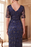 Vestido longo dos anos 1920 decote em V, decote em V, mangas curtas transparentes, lantejoulas