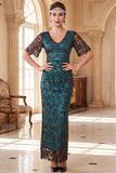 Vestido longo dos anos 1920 decote em V, decote em V, mangas curtas transparentes, lantejoulas