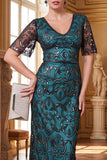 Vestido longo dos anos 1920 decote em V, decote em V, mangas curtas transparentes, lantejoulas