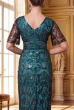 Vestido longo dos anos 1920 decote em V, decote em V, mangas curtas transparentes, lantejoulas