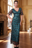 Vestido longo dos anos 1920 decote em V, decote em V, mangas curtas transparentes, lantejoulas