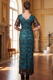 Vestido longo dos anos 1920 decote em V, decote em V, mangas curtas transparentes, lantejoulas