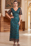 Vestido longo dos anos 1920 decote em V, decote em V, mangas curtas transparentes, lantejoulas
