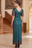 Vestido longo dos anos 1920 decote em V, decote em V, mangas curtas transparentes, lantejoulas