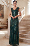 Mangas de gola em V verde-escuras Lantejoulas Vestido de chiffon dos anos 1920