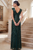 Mangas de gola em V verde-escuras Lantejoulas Vestido de chiffon dos anos 1920