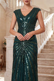 Mangas de gola em V verde-escuras Lantejoulas Vestido de chiffon dos anos 1920
