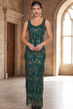 Lantejoulas com gola redonda verde escura Vestido comprido dos anos 1920 com franjas