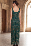 Lantejoulas com gola redonda verde escura Vestido comprido dos anos 1920 com franjas