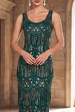 Lantejoulas com gola redonda verde escura Vestido comprido dos anos 1920 com franjas