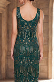 Lantejoulas com gola redonda verde escura Vestido comprido dos anos 1920 com franjas