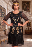 Bordado preto dourado com lantejoulas de mangas meias Midi vestido flapper dos anos 1920