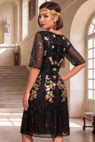 Bordado preto dourado com lantejoulas de mangas meias Midi vestido flapper dos anos 1920