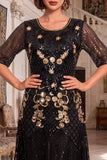 Bordado preto dourado com lantejoulas de mangas meias Midi vestido flapper dos anos 1920