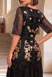 Bordado preto dourado com lantejoulas de mangas meias Midi vestido flapper dos anos 1920