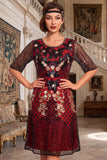 Bordado preto dourado com lantejoulas de mangas meias Midi vestido flapper dos anos 1920