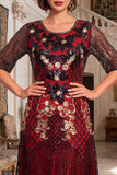 Bordado preto dourado com lantejoulas de mangas meias Midi vestido flapper dos anos 1920