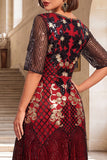 Bordado preto dourado com lantejoulas de mangas meias Midi vestido flapper dos anos 1920