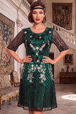Bordado preto dourado com lantejoulas de mangas meias Midi vestido flapper dos anos 1920