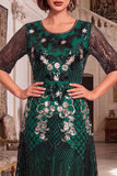 Bordado preto dourado com lantejoulas de mangas meias Midi vestido flapper dos anos 1920
