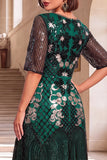 Bordado preto dourado com lantejoulas de mangas meias Midi vestido flapper dos anos 1920