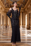 Vestido preto de ombro frio com lantejoulas com lantejoulas e tule dos anos 1920 com franjas