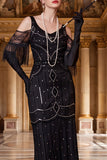 Vestido preto de ombro frio com lantejoulas com lantejoulas e tule dos anos 1920 com franjas